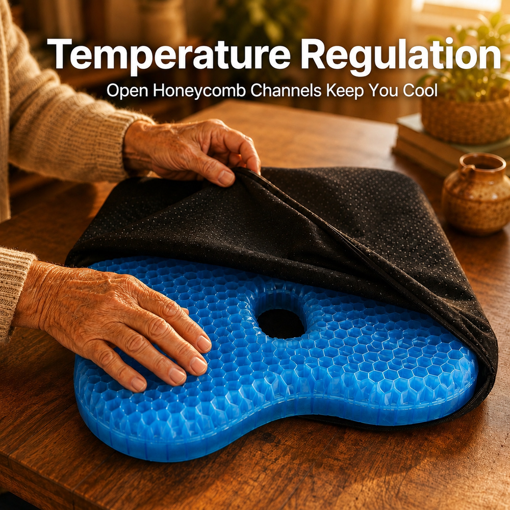 Hands peeling the black washable cover off the blue honeycomb gel core, showing the open cooling channels