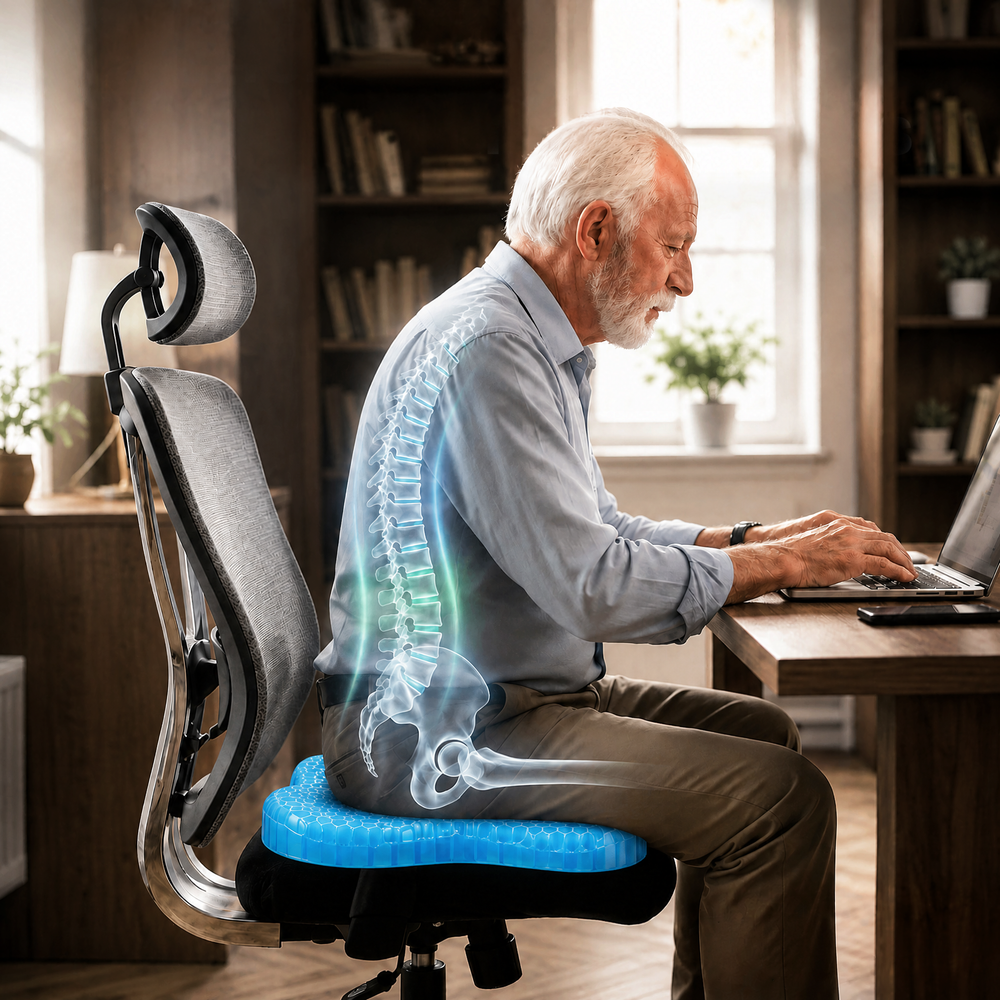 An older man working at a desk in an office chair on the MediGel cushion, with his spine shown in alignment