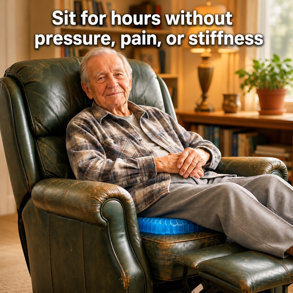 An older man sitting comfortably in a leather recliner using the MediGel gel seat cushion