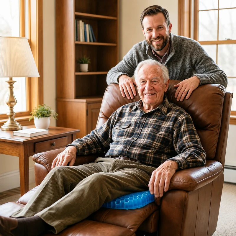 An adult son standing behind his elderly father's recliner, both smiling