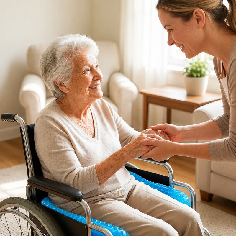 An elderly woman in a wheelchair with a MediGel cushion on the seat, holding hands with her caregiver